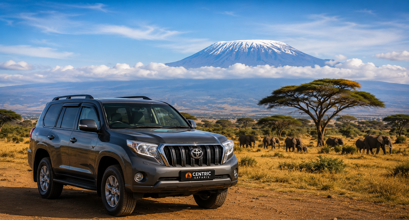 A 4x4 Toyota Land Cruiser parked against Mt. Kilimanjaro backdrop