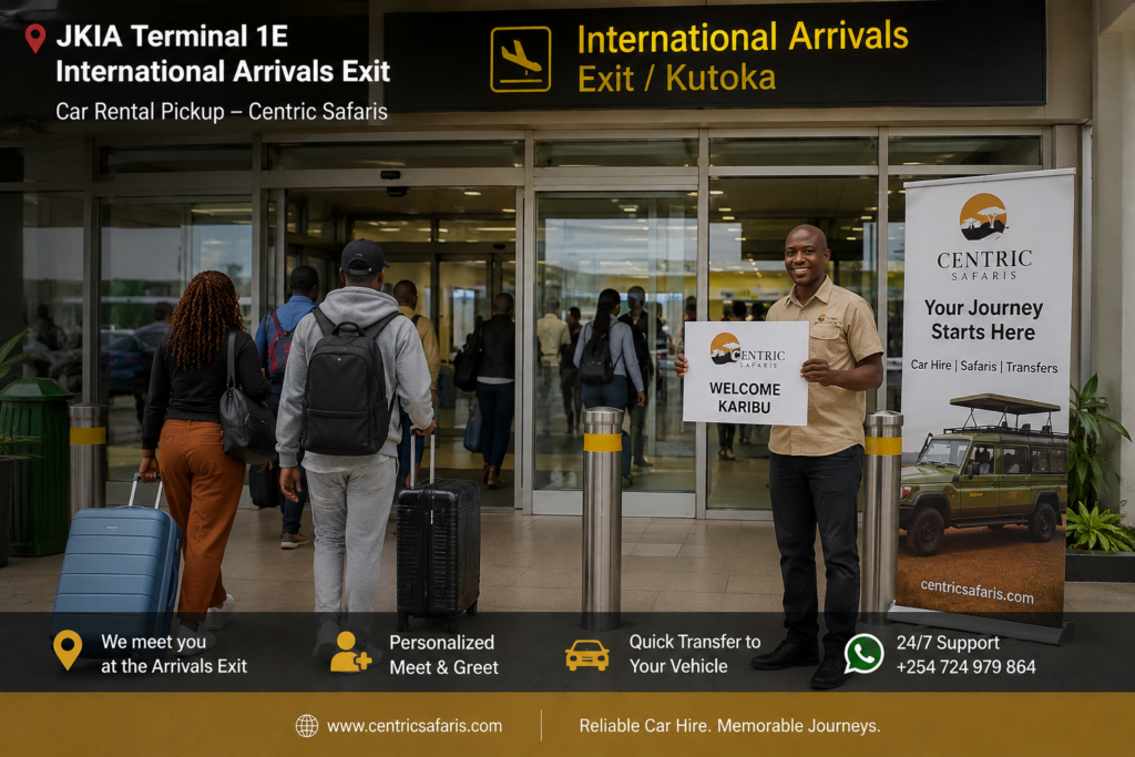 JKIA Terminal 1E international arrivals hall exit where car rental pickup happens
