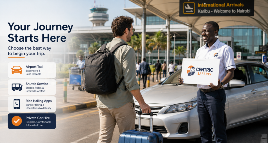 Centric Safaris driver holding a welcome sign at JKIA Terminal 1E international arrivals, Nairobi