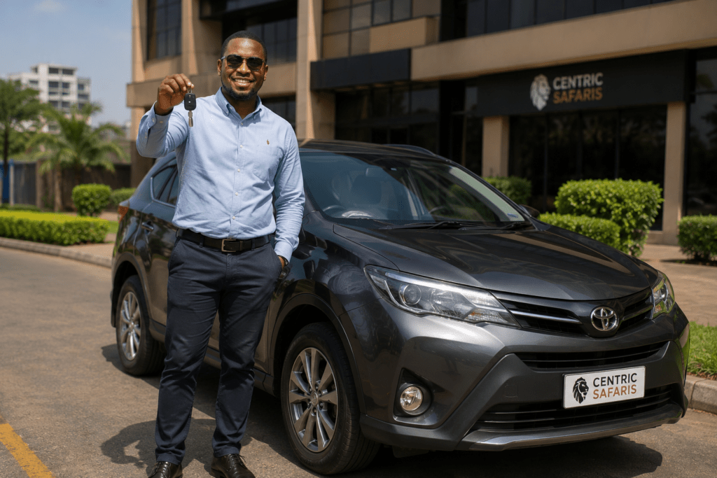 Self-drive car hire in Kenya — traveler picking up a rental saloon car
